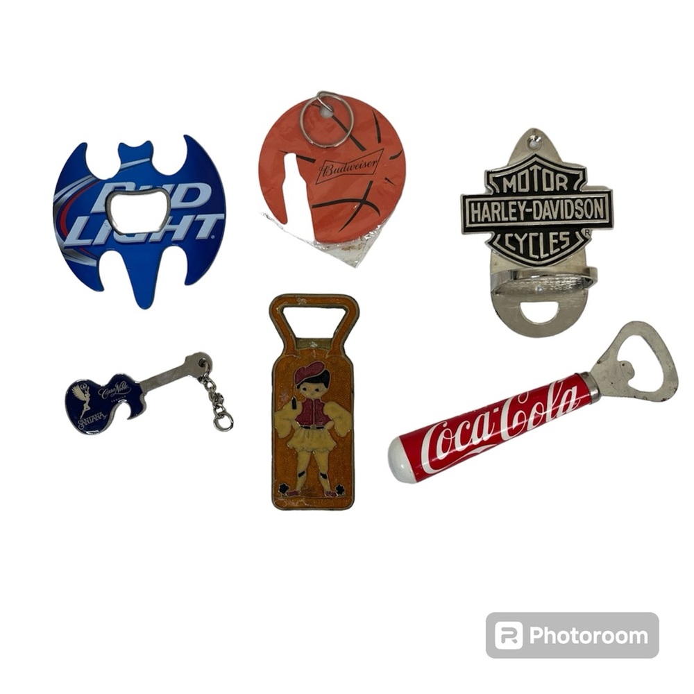 Lot 6 Bottle Openers Budweiser Bud Light Harley Davidson Coke Santana Tequila